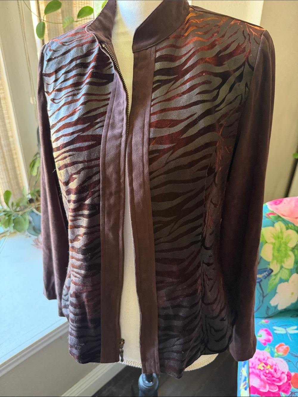 IC Concepts Brown faux suede Zebra-Print Zip Front Jacket